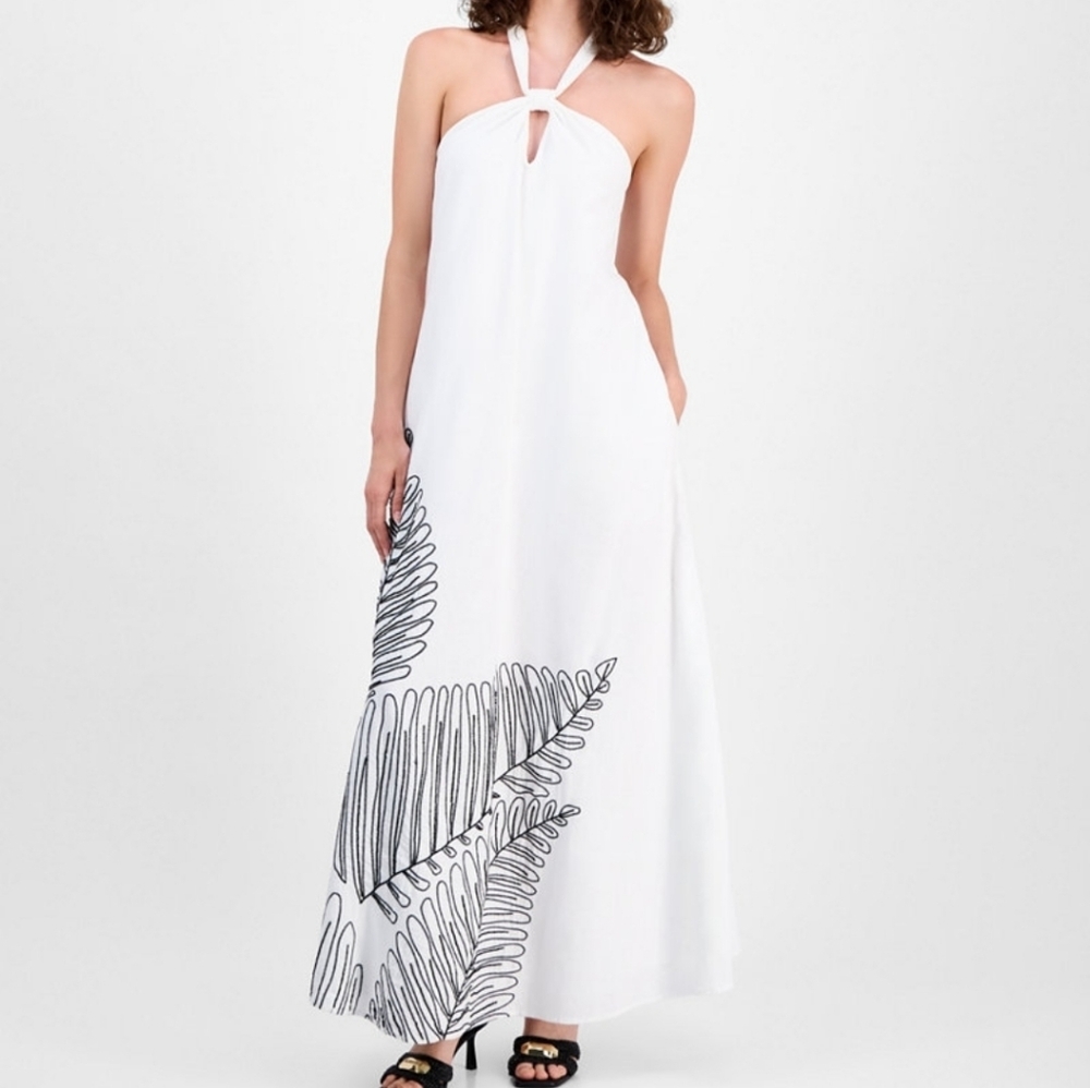 INC International Concept Woman's Palm Embellished Elegant White Halter Maxi